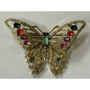 Large Vintage Gold Tone And‎ Rhinestone Butterfly Brooch